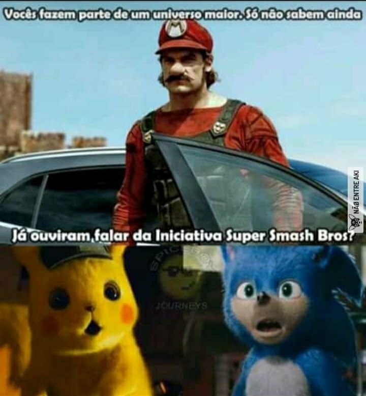 Extra Extra homem vestido de Super Mario se encontra com um ser humanoide azul no meio da rua e um rato amarelo gigante - meme