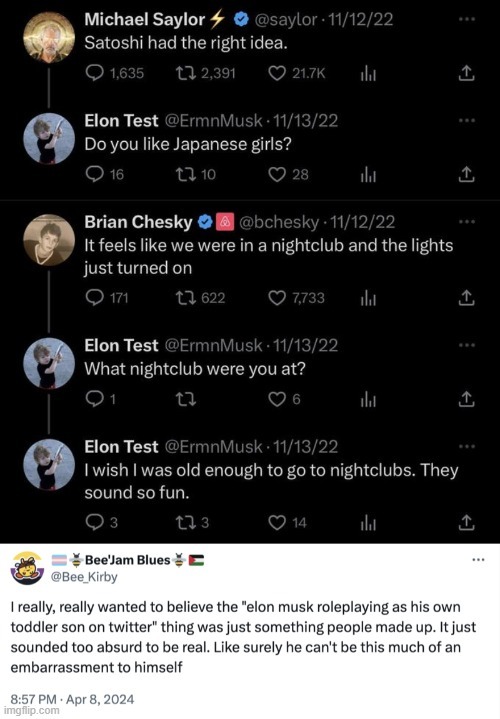 Elon Musk roleplaying as his son - meme