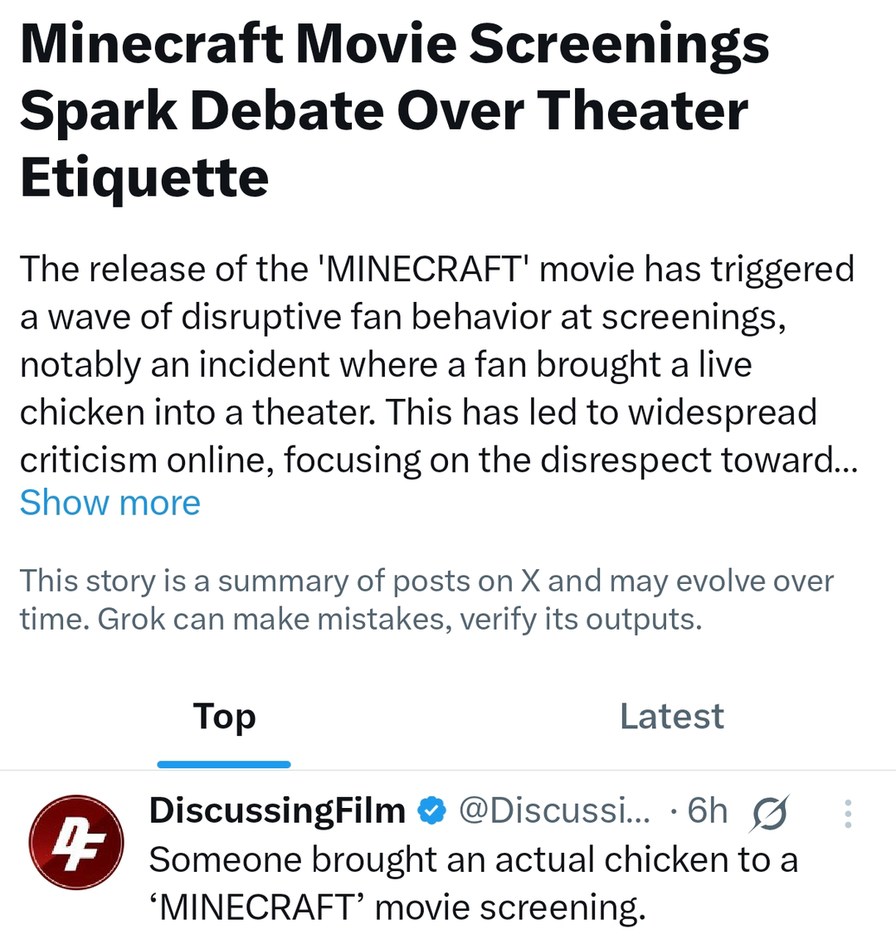 Someone brought a live chicken to the Minecraft movie and now we need rules - meme
