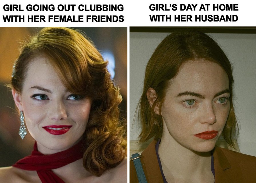 Girl's going out clubbing with her female friends vs. Girl's day at home with her husband - meme
