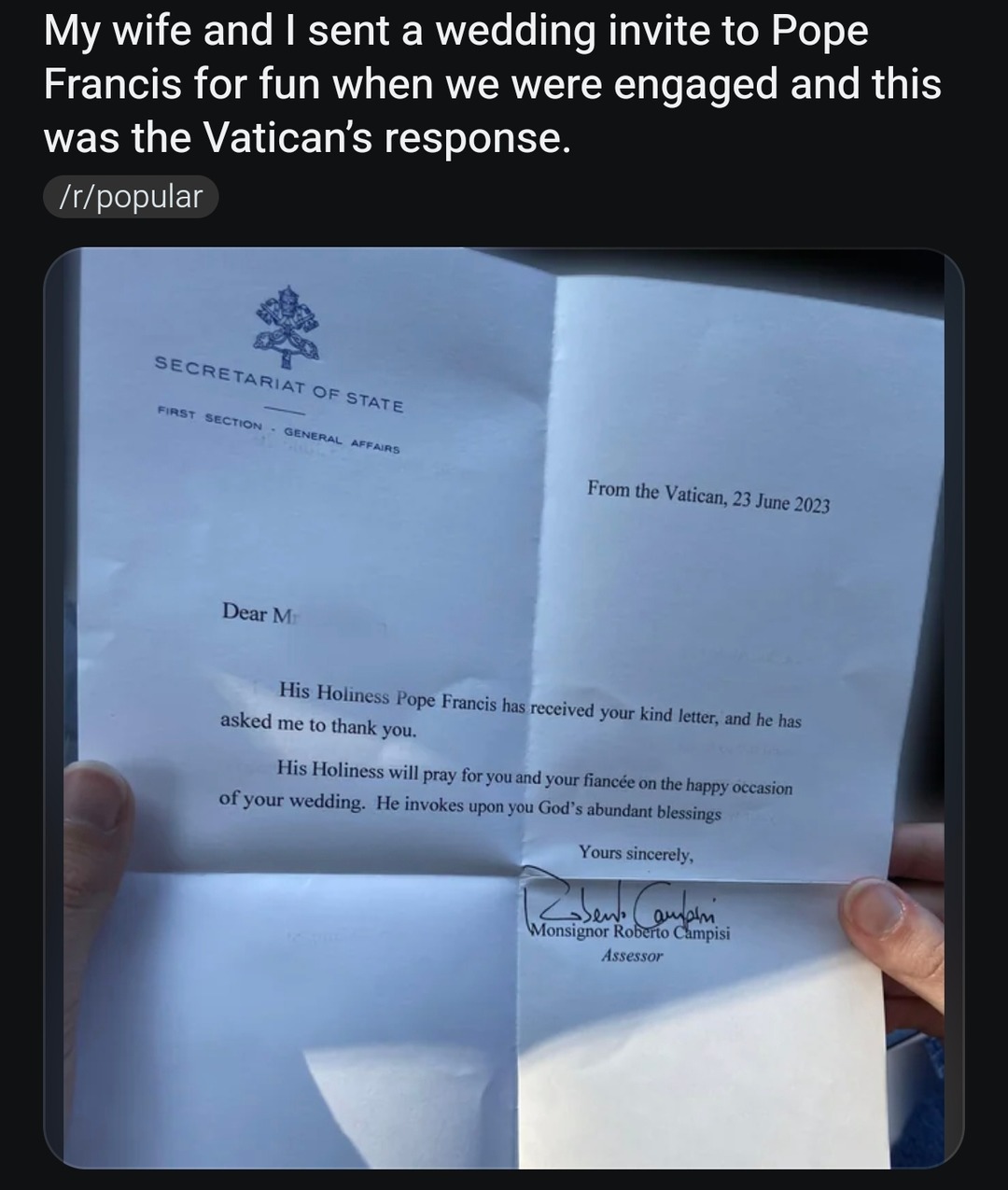 When you invite the Pope to your wedding as a joke and he actually responds - meme