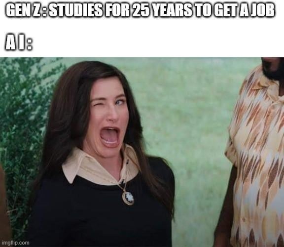 Gen Z studying 5 years for a job that wants 10 years experience at age 22 - meme