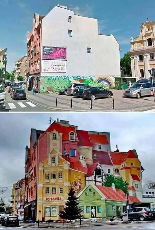 Before and after a mural in Poznań, Poland - meme