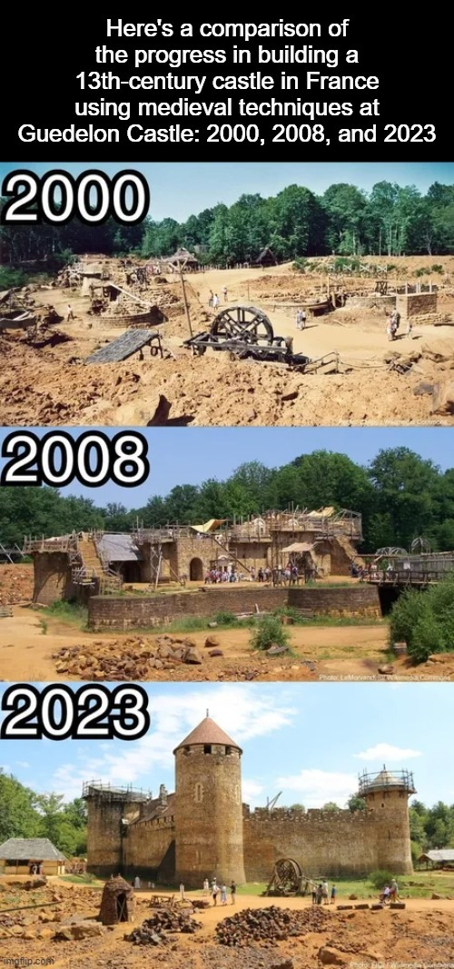 Here's a comparison of the progress in building a 13th-century castle in France using medieval techniques at Guedelon Castle: 2000, 2008, and 2023 - meme