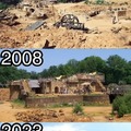 Here's a comparison of the progress in building a 13th-century castle in France using medieval techniques at Guedelon Castle: 2000, 2008, and 2023