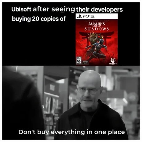 Ubisoft's developers really be out here buying 20 copies of their own game...talk about loyalty. - meme