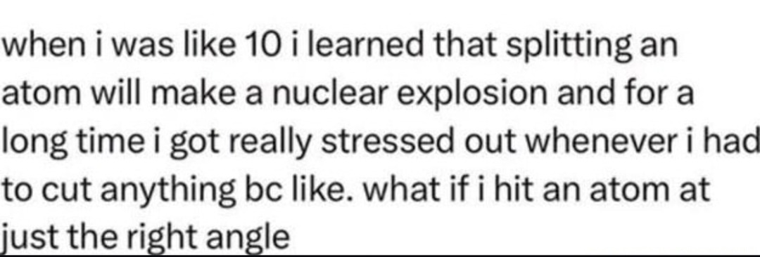 Me, worried about splitting atoms instead of cutting veggies - meme