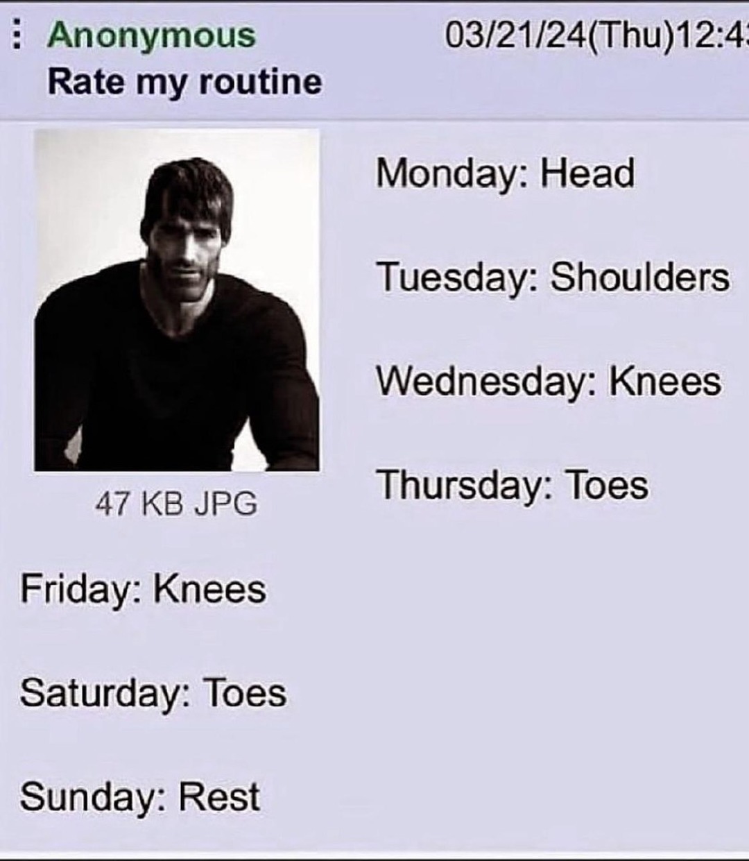My workout routine: knees, toes, repeat - meme