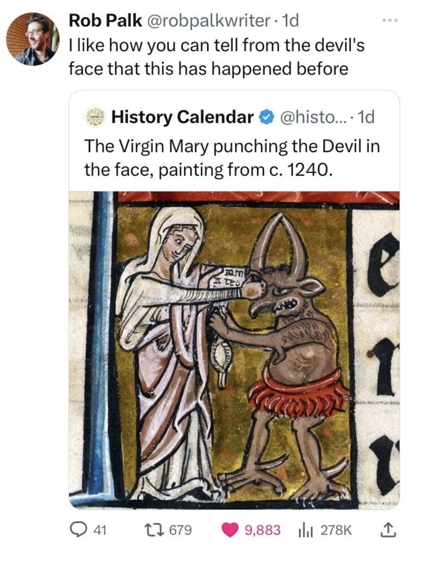 "Get recked nerd" -the Virgin Mary probably - meme