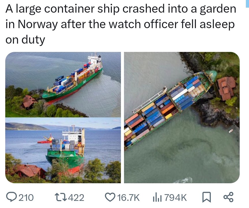 Ship crashed into a garden cause the officer took a nap - meme