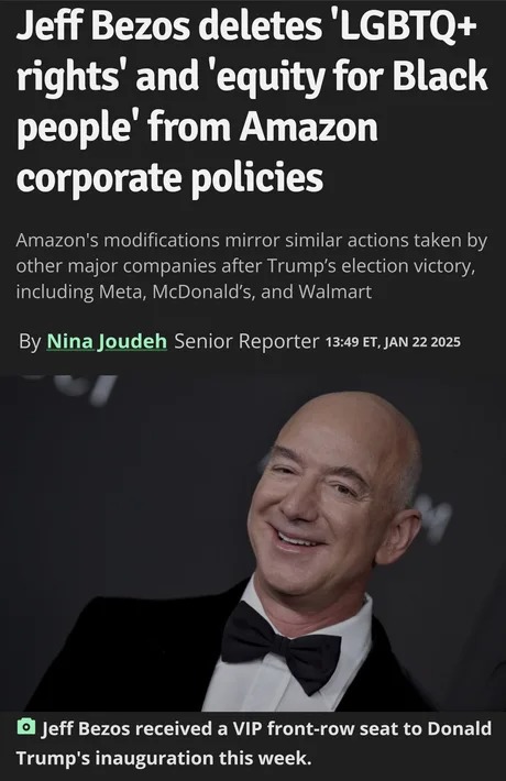 Jeff Bezos deletes LGBTQ+ rights and equity for Black people from Amazon corporate policies - meme