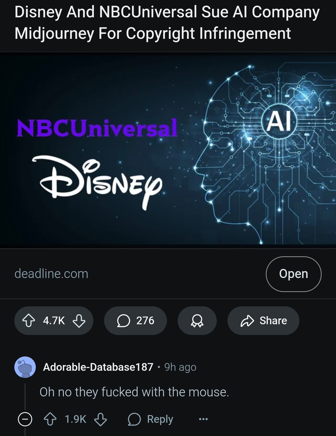 Disney and NBCU suing Midjourney for messing with the Mouse - meme