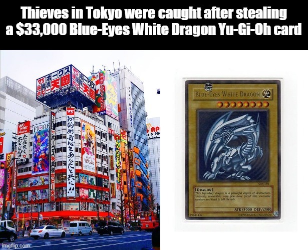 Thieves in Tokyo were caught after stealing a $33,000 Blue-Eyes White Dragon Yu-Gi-Oh card - meme