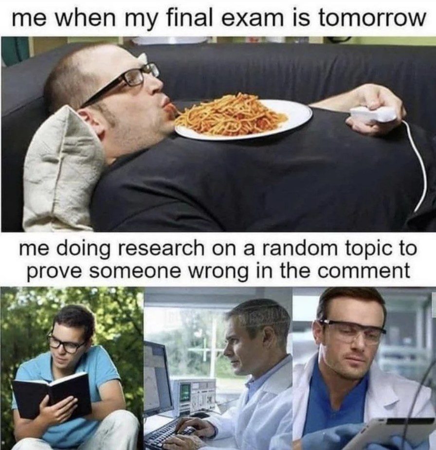 Final exam tomorrow but I’m busy winning an internet argument - meme