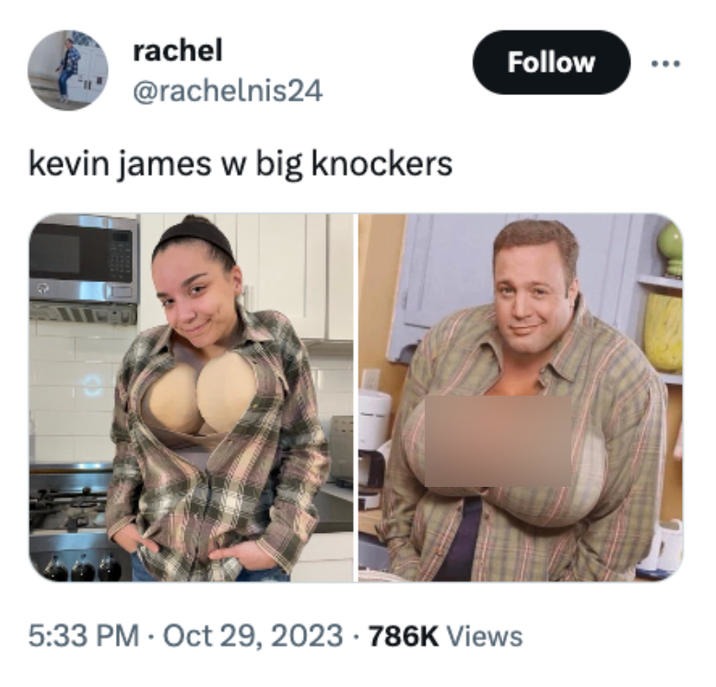 As Kevin James with tiddies for Halloween - meme