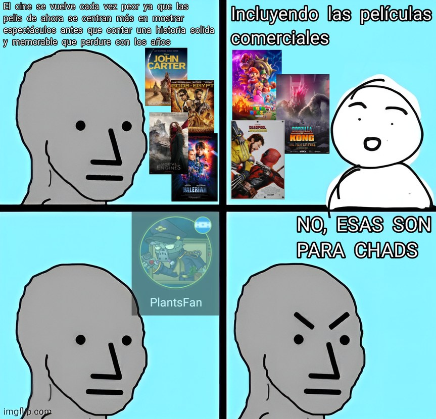 Muchos se quejan y critican a los blockbusters por ser mero cine comercial que no aportan nada nuevo en cuanto a historias pero cuando es de franquicias ya vienen los fans a defenderlas a capa y espada - meme