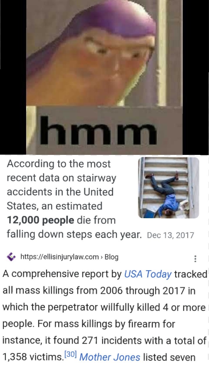 Stairs kill 100x more people per year but guns are scarier - meme