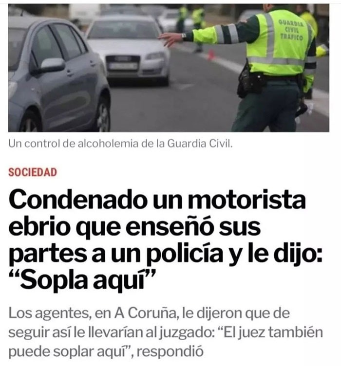 Motoquero borracho le dice al poli que le sople ahí, arte español - meme