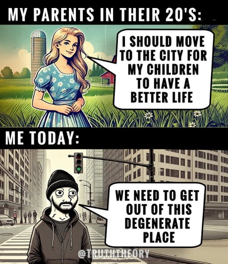 Parents: city life is the future. Me: get me out - meme