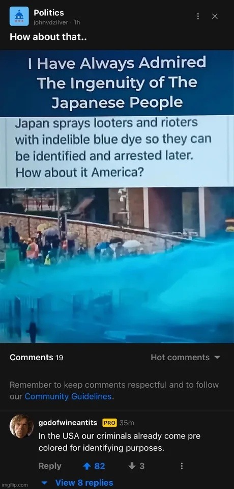Japan dyes rioters blue, someone said America already color codes - meme