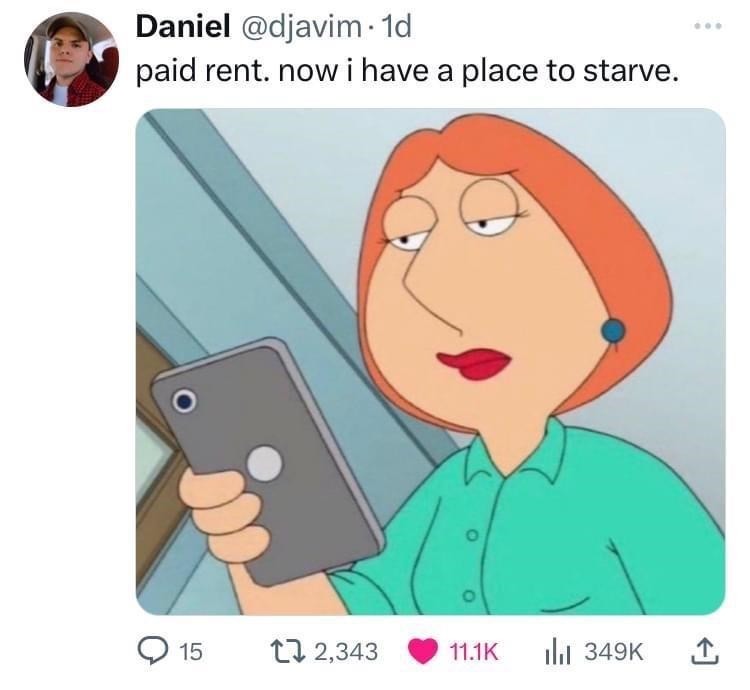 Rent paid, dark place to starve - meme