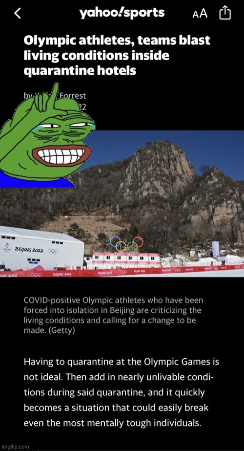 The conditions suck at the Olympics? Ya no shit, it’s China. FUCK THE GENOCIDAL CCP. FUCK CHINA OLYMPICS - meme