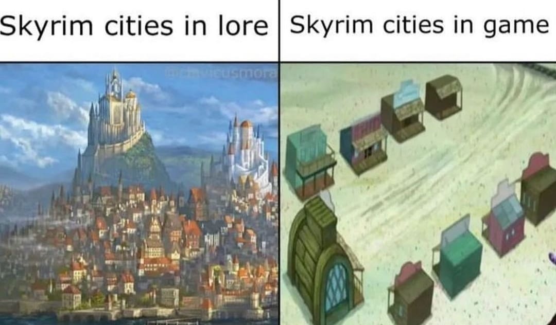 Ciudades de Skyrim en el lore vs en el juego - meme