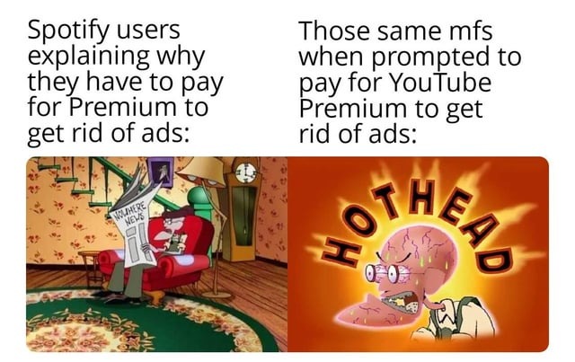 Spotify premium ads vs Youtube premium ads - meme