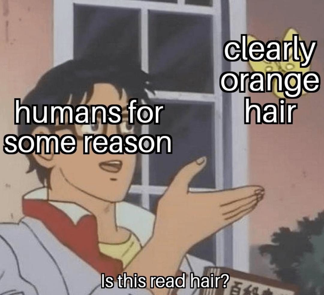 When the hair color says danger but you're still curious - meme