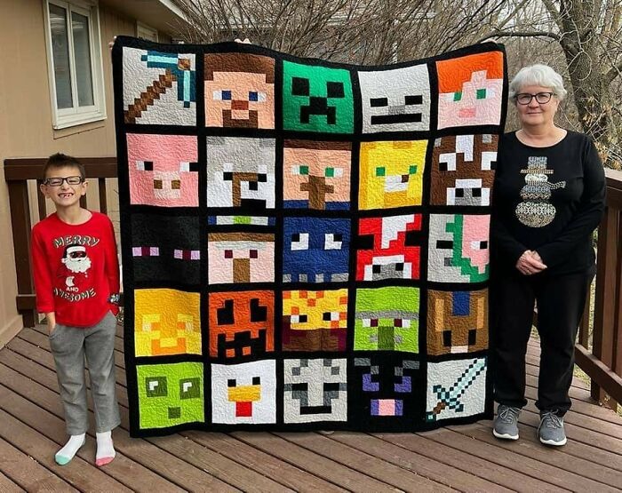 wholesome grandma knitted one of a kind quilt for grandson :) - meme