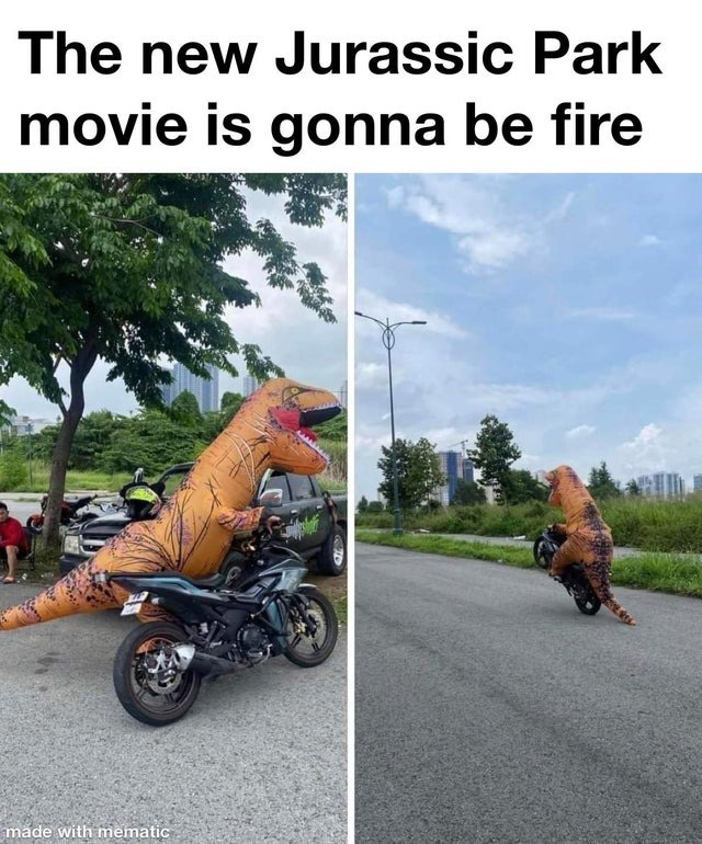 dinosaur riding a motorcycle meme