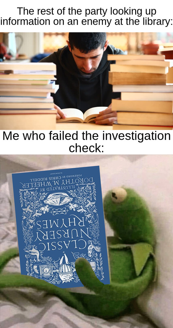 My character decided to check out the book for further reading - meme