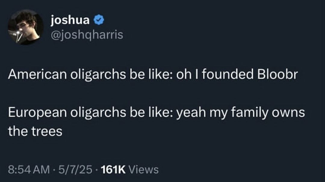 US billionaires: I built this. Euro billionaires: I own the forest - meme