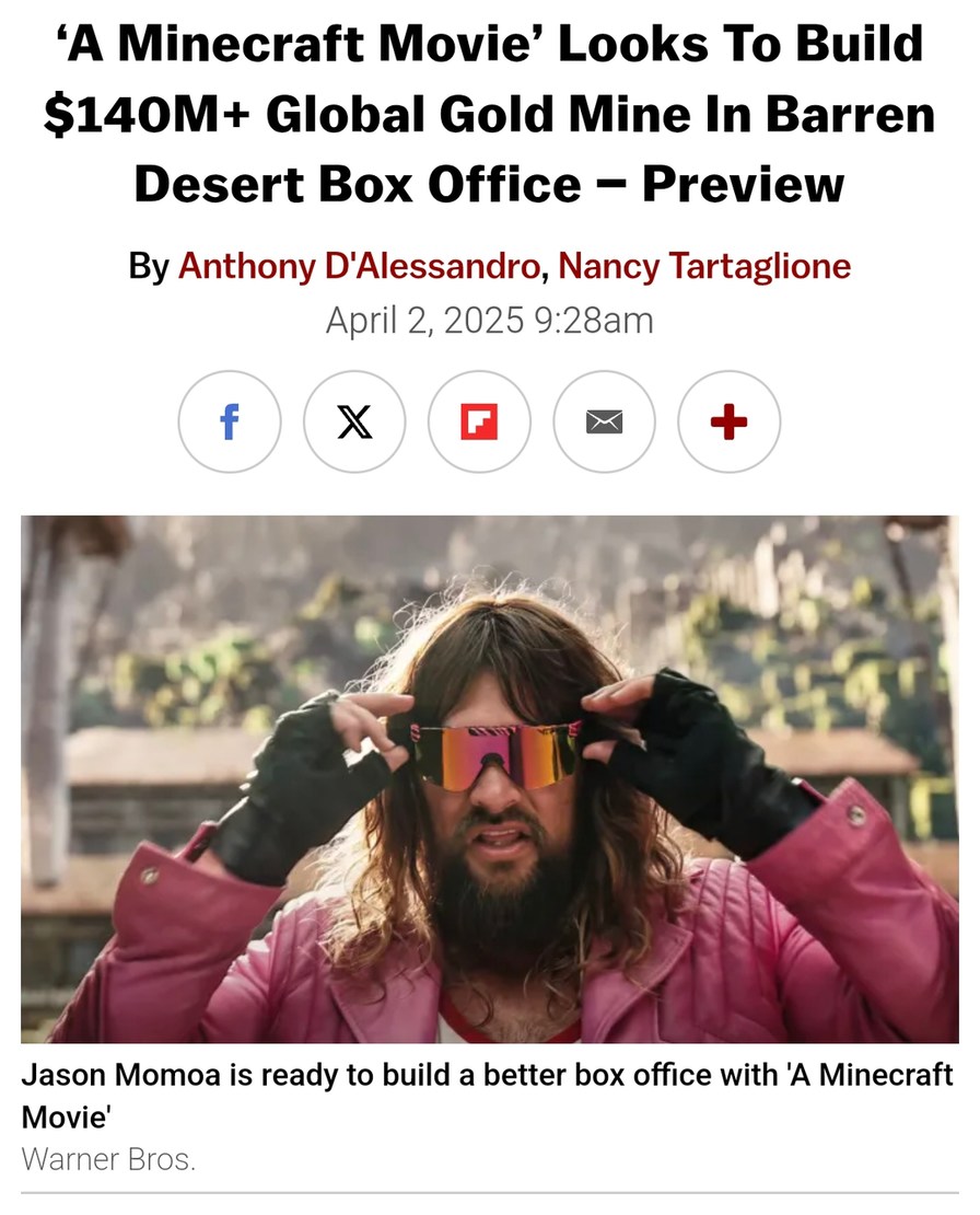 Minecraft movie aiming for $140M despite the reviews - meme