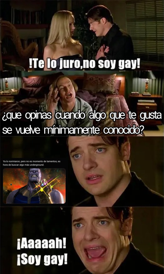 Imagina que te afecte cuando algo que te gusta se vuelve mínimamente conocido, como si el hecho de que algo tenga fans fuera a afectar directamente la calidad del producto en si - meme