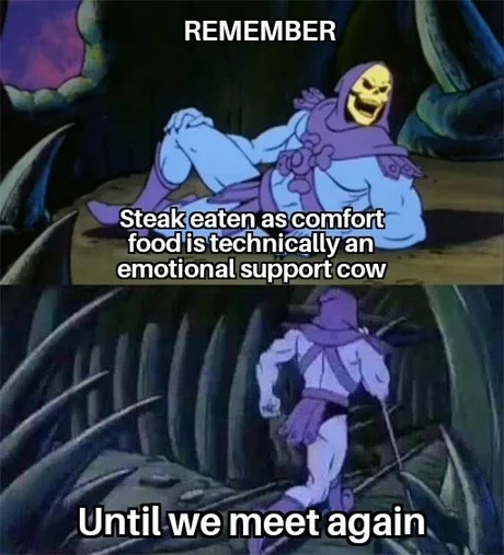 Steak is technically an emotional support cow and I'm fine with that - meme