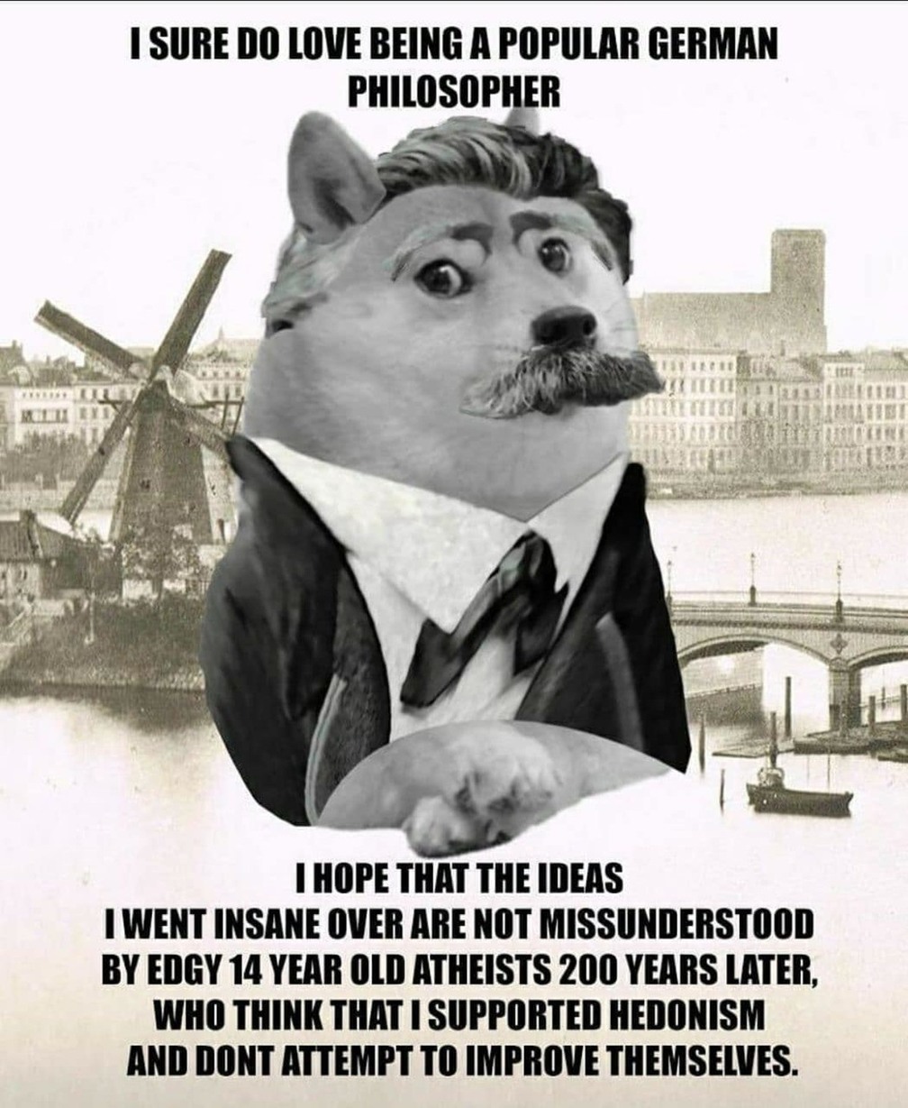 "Next, I wanna talk about existentialism. The idea that you shouldn't let the inherit meaninglessness of the universe crush your hope and will to find meaning." - Nietzsche - meme
