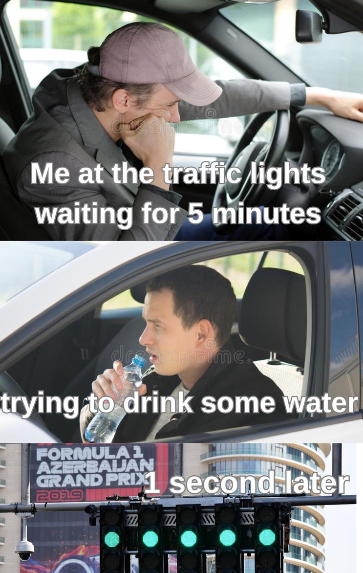 At the traffic lights waiting for 5 minutes - meme