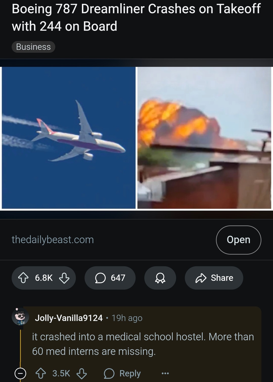 Boeing 787 crashes into med school dorm with 244 on board - meme