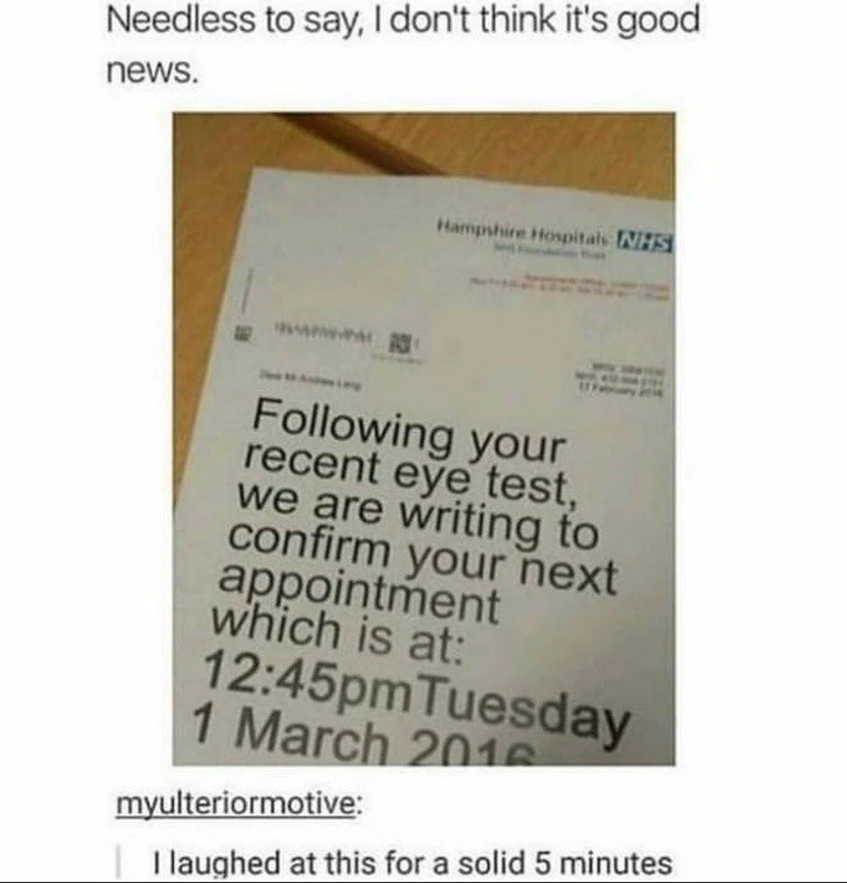 Eye doctor text: not good news, just vibes - meme