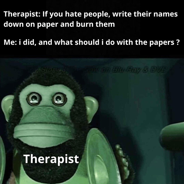 Therapist told me to burn the paper, not commit arson - meme