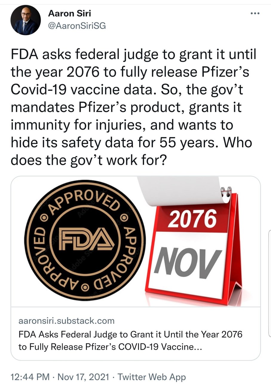 FDA asks that "vaccine" data be sealed for 55 yrs, this cannot be permitted. Looks like yet another battle to fight back against. These people are sick. - meme