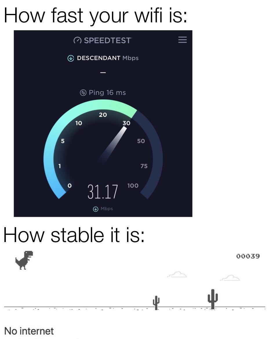 How fast you wifi is vs how stable - meme