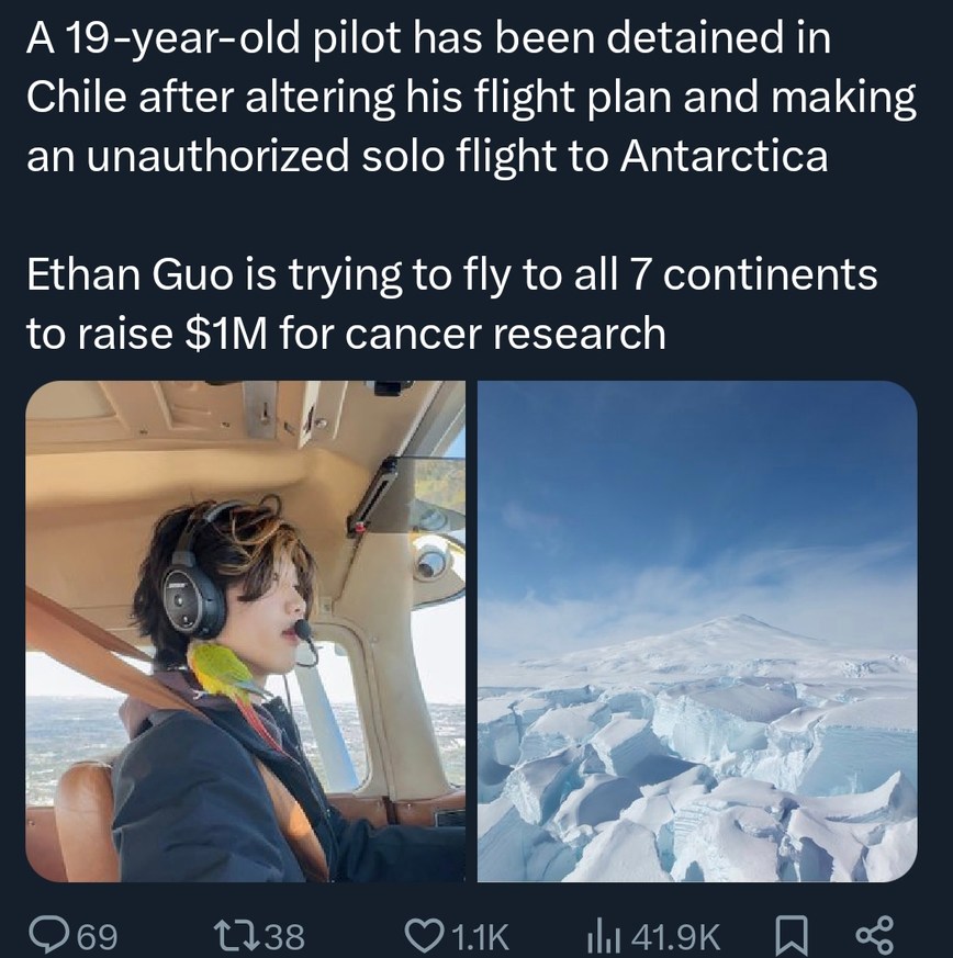 19yo pilot tries flying to Antarctica solo, Chile said nope - meme