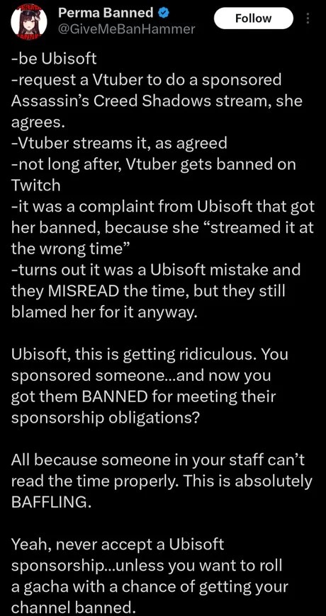 Ubisoft just made the worst sponsorship move ever. Vtuber banned because they can't read the clock. - meme