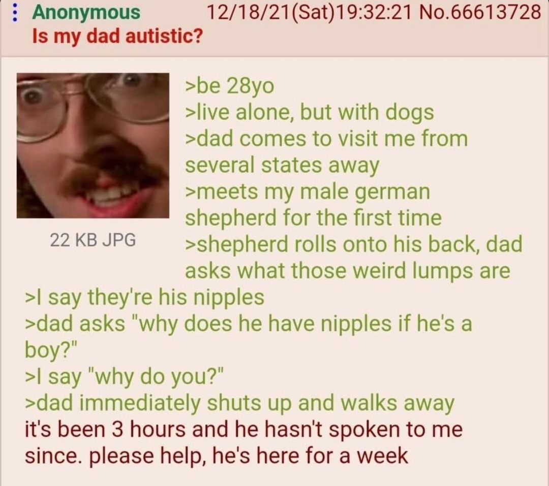 Dad’s confused by the dog’s nipples, family dinner’s ruined - meme
