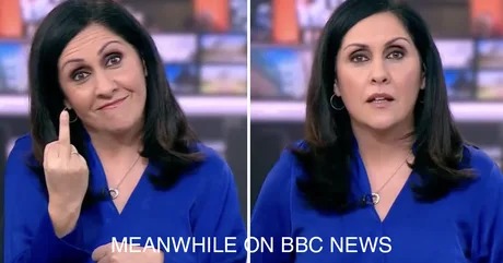 BBC News reporter flipping middle finger - meme