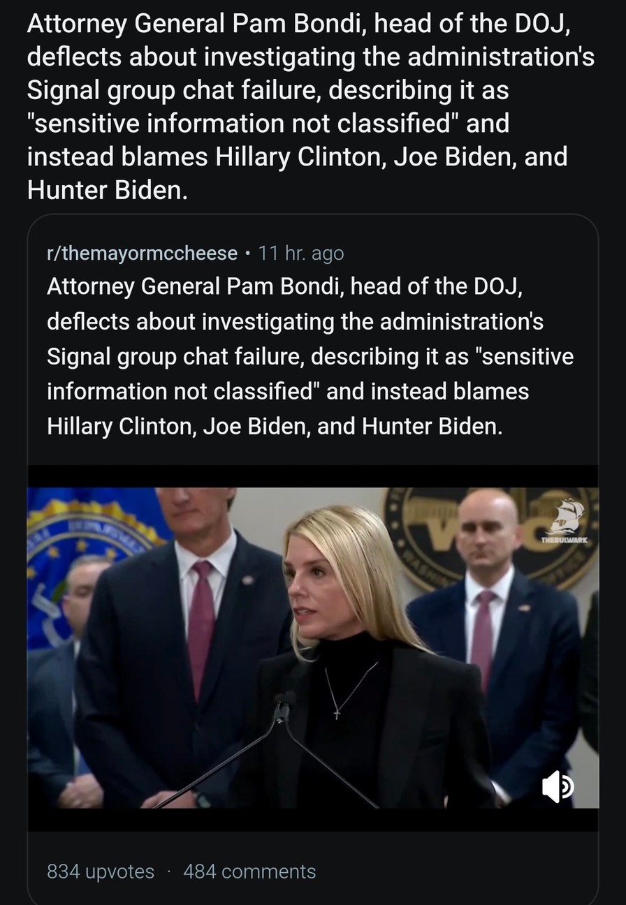 DOJ casually blaming Hillary for Signal chat leaks - meme