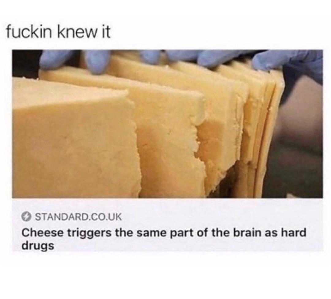 Cheese hits the same spot as hard drugs and I knew it - meme