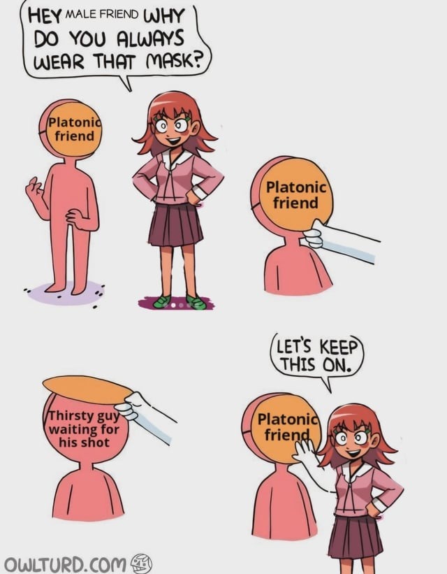 Why do you wear that mask? Platonic guy: let’s keep it on - meme